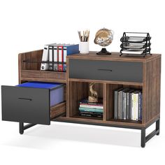 an office desk with two drawers and a file cabinet