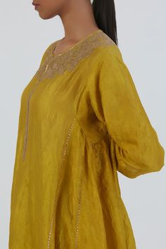 Lime A-line kurta with embroidered neckline and placket. Comes with three layered zardozi, sequin scalloped embroidered hem beige pant. - Aza Fashions Eid Cotton Silk Kurta With Embroidered Neckline, Elegant Palazzo Set With Embroidered Neckline, Elegant Festive Palazzo Set With Embroidered Neckline, Festive Kurta With Embroidered Neckline In Cotton Silk, Festive Cotton Silk Kurta With Embroidered Neckline, Gold Slub Silk Sets With Embroidered Border, Elegant Kurta With Embroidered Neckline For Festive Occasions, Elegant Festive Kurta With Embroidered Neckline, Elegant Embroidered Neckline Kurta For Festive Occasions