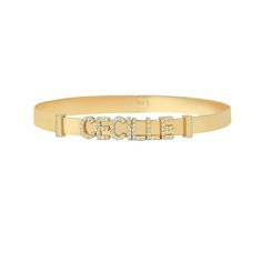 Design your own 14K gold bracelet with personalized initials, bezel stones, charms, and symbols. Simply specify the initials and charms in the personalization box. Create a unique accessory with your name, children's initials, and birthstones. Every bracelet is custom-made according to your specifications. Choose up to 10 letters for a bangle, or combine up to 5 letters with 5 charms, or create your own custom design.  Please contact us if you desire a custom design. This gorgeous bracelet arriv Initial Bangle Bracelet, Date Bracelet, Delicate Gold Jewelry, White Gold Bangle, Fine Gold Jewelry, Fine Diamond Jewelry, Gold Chain Jewelry, Bangle Bracelets With Charms, Pretty Bracelets