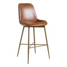 a brown leather bar stool with metal legs and backrests on an isolated white background