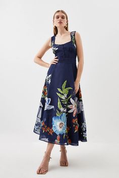 Botanical Embroidery Organdie Strappy Midi Dress | Karen Millen Summer A-line Dresses With Smocked Bodice, Vacation Floral Print Midi Dress With Square Neck, Summer A-line Midi Dress With Smocked Bodice, Brunch Sundress With Fitted Bodice, Midi Length, Midi Sundress With Fitted Bodice For Brunch, Midi Length Sundress With Fitted Bodice For Brunch, Fitted Midi Dress With Straight Neckline For Garden Party, Floral Print Sundress With Straight Neckline For Summer, Fitted Midi Dress With Straight Neckline For Vacation