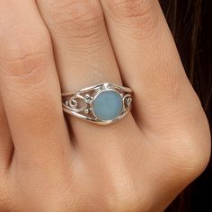 Sterling Silver Open Band Ring With Gemstone, Sterling Silver Opal Ring With Stone Setting, Sterling Silver Opal Ring For Promise, Round Stone Ring, March Birthstone Ring, Handmade Gemstone Jewelry, Angel Gifts, Chalcedony Ring, Gemstone Jewelry Handmade