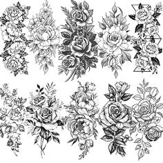 flowers and leaves are drawn in black ink on white paper, each with different designs