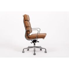 an office chair with brown leather upholstered on the back and chrome frame, in front of a white background