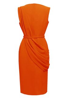 Alexandria Orange Cocktail Dress - Draped Dress - Knee Length Cocktail Dress Elegant dress with draped detail in the front and back, attached braided belt detail. - sleeveless - boat neckline - Georgette fabric - Fully lined with light weight fabric - Knee length dress - Measures 39 inches from shoulder to hem - Invisible zipper in the back. - Made in the USA. - Ships within 3-5 business days. ****Also available in other colors click here ﻿Please refer to our size chart before placing an order. Elegant Draped Belted Dress, Pre-draped Sleeveless Dress For Work, Orange Knee-length Dress For Work, Luxury Knee-length Orange Dresses, Knee-length Orange Cocktail Dress, Orange Knee-length Lined Dress, Orange Knee-length Midi Dress For Daywear, Orange Cocktail Dress, Mustard Yellow Dress