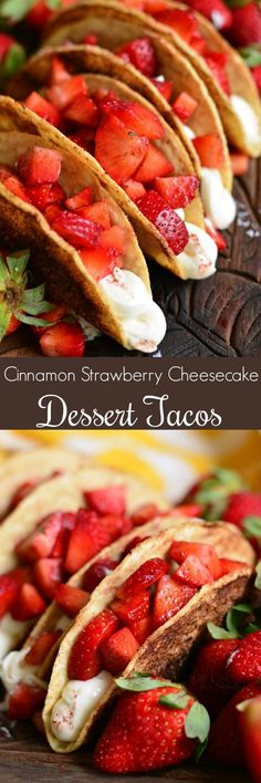 three dessert tacos filled with strawberries and whipped cream