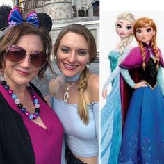 two women are posing for pictures in front of a castle and an image of disney characters