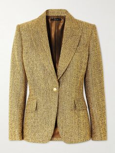 TOM FORD's blazer is from Peter Hawkings' debut runway collection. It's beautifully tailored from gold tweed with boxy padded shoulders and a nipped-in waist. Style yours with tailored pants or ultra short shorts. Luxury Gold Evening Blazer, Luxury Gold Notch Lapel Blazer, Luxury Gold Blazer With Notch Lapel, Designer Tailored Gold Blazer, Luxury Gold Blazer For Office, Designer Gold Blazer, Luxury Tweed Blazer For Office, Gold Notch Lapel Blazer For Tailoring, Luxury Tweed Office Blazer