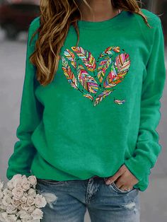 Green Casual Graphic Tops Round Neck Long Sleeve Heart Printed Sweatshirts Winter Cotton Tops With Heart Graphic, Cotton Tops With Heart Graphic For Winter, Casual Fall Tops With Heart Graphic, Casual Top With Heart Graphic For Fall, Trendy Long Sleeve Top With Heart Print, Casual Heart Print Winter Tops, Spring Heart Print Crew Neck Tops, Spring Long Sleeve Tops With Heart Graphic, Trendy Heart Print Tops For Fall