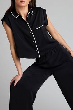 [Ksenia XS] Short Sleeve Shirt With Buttons For Loungewear, Black Collared Top With Buttons, Chic Black Shirt With Collared Neckline, Black Tops With Buttoned Collared Neckline, Black Tops With Buttons And Collared Neckline, Collared Shirt With Buttons For Loungewear, Black Tops With Collared Neckline And Buttons, Loungewear Collared Tops With Button Cuffs, Collared Tops With Button Cuffs For Loungewear