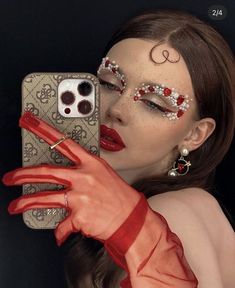 Makeup Look With Pearls, Unique Makeup Looks, Rhinestone Makeup, Valentines Day Makeup, Formal Makeup, Valentines Makeup, Red Makeup, Unique Makeup, Dope Makeup