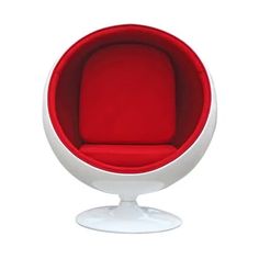 a white and red ball chair on a stand