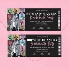 two pink and black tickets with photos on them