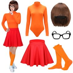 a woman in an orange shirt and red skirt is standing next to a wig, eyeglasses, and boots