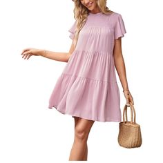 Women Dress Casual Dresses Perfect For Beach Outdoor Gathering Shopping Small Lavender Knee-length Mini Dress For Summer, Purple Tiered Beach Dress, Purple Tiered Dress For Brunch, Purple Short Sleeve Feminine Mini Dress, Feminine Purple Mini Dress With Short Sleeves, Purple Knee-length Mini Dress For Vacation, Flowy Purple Mini Dress For Beach, Flowy Purple Mini Dress For The Beach, Purple Short Sleeve Mini Dress For Day Out