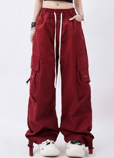 Size Chart (Unit: cm)    Size  Length  Waist Hip Hem S 102 64 110 50 M 104 68 118 52 L 106 72 122 54 XL 108 76 126 56 Model ：165cm/48kg MSize Red Sweat Pants Outfits, Red Comfy Outfit, Baggy Red Pants, Red Clothes Aesthetic, Red Cargos, Red Cargo Pants Outfit, Red Cargo Pants, Wide Leg Casual Pants, Mens Cardigan Sweater