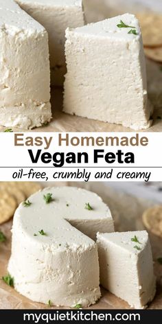 vegan feta cheese is cut into pieces and served on a cutting board with crackers