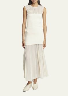 Proenza Schouler Niki Pleated Maxi Dress - Bergdorf Goodman Evening Sleeveless Ribbed Midi Dress, Sleeveless Ribbed Midi Dress For Evening, White Sleeveless Dress With Accordion Pleats, Chic Ribbed A-line Dress, Chic A-line Ribbed Dress, Elegant Fitted Sleeveless Ribbed Dress, Elegant Ribbed Sleeveless Dress, Fitted Sleeveless Midi Dress With Pleated Skirt, Elegant Ribbed Sleeveless Dress For Spring