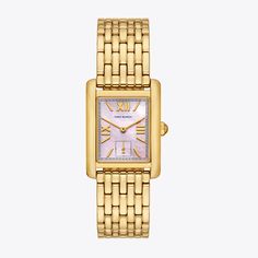 Clean-lined and elegant. The Eleanor watch features a blush mother of pearl dial with three-hand movement. Crafted in gold-tone stainless steel with a classic link bracelet. Product Wishlist, Tory Burch Eleanor, Wishlist Ideas, Womens Designer Watches, Watch Women's, Buy List, 2015 Trends, Designer Watches, Hand Bracelet