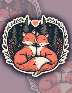 a sticker with an image of two foxes sleeping in the woods, surrounded by leaves and hearts