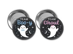 two badges that say boo - y and ghosty with stars on the bottom one has a