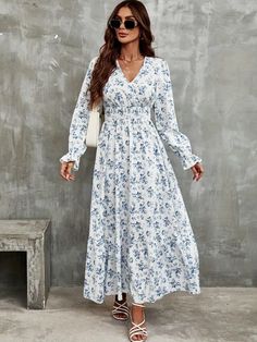 Floral Print Shirred Waist Dress, Vacation V Neck Long Sleeve Dress Fall V-neck Sundress Midi Dress, Spring Billowy Ruched Maxi Dress, Billowy Ruched Maxi Dress For Spring, Flowy V-neck Floral Dress For Fall, Spring Floral Print Billowy Dress, Spring Flowy Ruched Maxi Dress, Fall V-neck Sundress Maxi Dress, Flowy Ruched Maxi Dress For Spring, Flowy Ruched Floral Dress For Spring