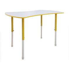 a yellow and white table with two legs on each side, in front of a white background