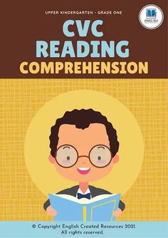 an image of a boy reading a book with the words cvc reading comprehenson