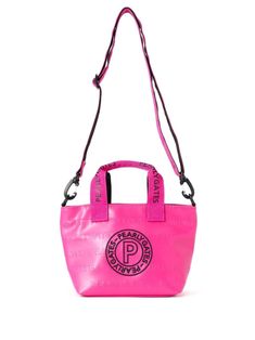 fuchsia pink artificial leather embroidered logo to the front all-over debossed logo print two top handles detachable shoulder strap Pg Logo, Logo Border, Gate Logo, Pearly Gates, Pink Circle, Shoulder Belt, Womens Designer Bags, Embroidered Tote Bag, Embroidered Tote