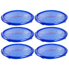 six blue plastic plates on a white background