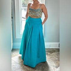 I Bought These As Separate Pieces But Happened To Go Well Together. The Work In The Blouse Matches The Color Of The Skirt. Skirt Has Pockets! For Reference I Am 5’2 And Size Medium Festive Blue Party Skirt, Festive Long Blue Skirt, Blue Lehenga For Spring Party, Elegant Flared Skirt For Festive Occasions, Blue Fitted Skirt For Festive Occasions, Blue Fitted Festive Skirt, Elegant Festive Flared Skirt, Festive Fitted Blue Skirt, Festive Blue Fitted Skirt