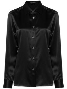 black silk satin mother-of-pearl buttons classic collar long sleeves buttoned cuffs curved hem front button fastening Luxury Dark Wash Button-up Shirt, Silk Button-up Blouse For Night Out, Elegant Black Blouse With Spread Collar, Classic Shirt With Button Closure For Night Out, Classic Blouse With Button Cuffs For Night Out, Sleek Satin Button-up Blouse, Sleek Satin Blouse With Button Closure, Sleek Satin Blouse With Buttons, Sleek Evening Button-up Blouse