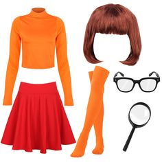 a woman in an orange top and red skirt is wearing glasses, a magnifying glass, and a pair of knee high socks