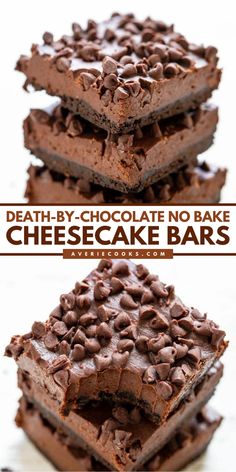 In the mood for a yummy treat? Here's an easy dessert idea! It's a simple no-bake recipe for death-by-chocolate cheesecake bars. You're going to love these no-bake cheesecake bars that are rich, creamy, and decadent! Chocolate No Bake Cheesecake, No Bake Cheesecake Bars, Chocolate No Bake, Chocolate Cheesecake Bars, Candy Creations, Averie Cooks, Easy Chocolate Desserts, Make Ahead Desserts, Dessert Bar Recipe