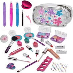 an assortment of cosmetics and makeup products in a bag with butterflies on it, including lipstick, eyeliners, eyeshades, lip glosses, pencils and more