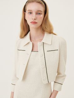 Editor's NoteThis is an ivory tweed short jacket. It has black stitches as details. It is slightly cropped.- Ivory tweed short jacket- Black stitches as details- Slightly cropped- Made with high-quality material- Overall clean and simple lookMeasurements (in.)S, M- Length: 15.75 in., 16.14 in.- Shoulder: 13.90 in., 14.57 in.- Bust: 18.50 in., 19.49 in.- Sleeve: 19.69 in., 20.08 in.*Model Info: 5'7 / Top: 55 size [KR] / Waist: 25 in.Composition & Care- SHELL: 38% COTTON 47% POLYESTER 15% ACRY Dancer Lifestyle, Amazing Dresses, Tweed Shorts, Disco Outfit, Interview Outfit, Rainy Day Outfit, 여자 패션, Airport Outfit, Casual Style Outfits