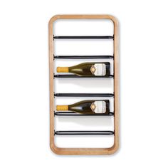 three bottles of wine are sitting on a wooden rack