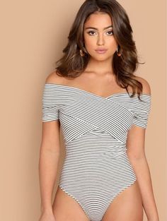 Shein black and white off the shoulder bodysuit #sheinstyle #sheinfind #affordablestyle #chic #casualchic #bodysuit #affordablefashion #shein #LTKunder50 #LTKworkwear Elegant Bodysuit, Off The Shoulder Bodysuit, Ribbed Knit Bodysuit, Casual Bodysuit, Cami Bodysuit, Ruffle Bodysuit, Mode Boho, Knit Bodysuit, Print Bodysuit