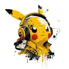 a pikachu with headphones on and ear phones in his ears, is shown