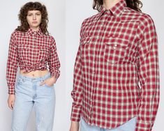 "Vintage 70s western pearl snap shirt in a unique red, green, and white plaid, with lines of embroidered thread that give it texture. Measurements and Condition: Fits like: Women's medium (has a slightly petite fit) Fabric: Feels like cotton/poly Brand: Rockmount Ranch Wear, made in USA Condition: Excellent Length: 25\" in front, 26\" in back Chest: 39\" Waist: 36\" Shoulders (seam to seam): 14\" Sleeve: 24\" Shown on a 5'8\" model with measurements of 34\"-26\"-37\", usually wears a size small. See our FAQ for more info on sizing and condition ratings." Fitted Plaid Western Tops, Fitted Western Plaid Tops, Red Western Style Tops For Ranch, Western Plaid Tops For Ranch, Spring Western Red Tops, Western Red Tops For Spring, Western Style Red Tops For Spring, Vintage Red Tops For Rodeo, 70s Western