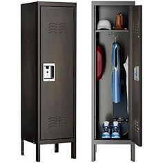 two lockers with hats and umbrellas on the top one is open to show items