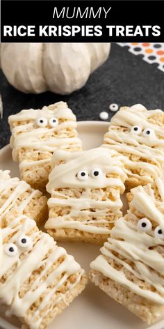 these rice krispies are decorated with googly eyes and white frosting for a spooky halloween treat