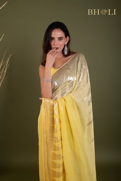 Party Sequin saree on Pure Georgette Party Pre-draped Saree With Gota Work, Diwali Party Pre-draped Tissue Silk Saree, Festive Celebration Pre-draped Saree With Gota Work, Chanderi Sharara For Evening, Gold Pre-draped Saree With Cutdana For Party, Pre-draped Tissue Silk Saree With Dupatta For Party, Yellow Bollywood Pre-draped Saree, Party Pre-draped Saree With Gota Work For Navratri, Pre-draped Saree With Dupatta For Navratri Party