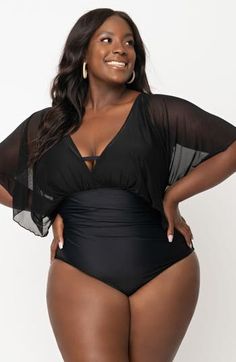 This ravishing 1960s style one piece swimsuit is cast in a nylon-spandex blend and featuring mesh butterfly sleeves. Outfitted with a plunging V-neckline, a back tie, and mesh lining. Mesh Lined Self Tie Back One Piece Plus Size, Plus Size Bathing Suit, Plus Size Goth, Unique Swimsuits, Summer Style Guide, Vintage Plus Size, Sleeve Swimsuit, Plunging One Piece Swimsuit, Vintage Swimsuits