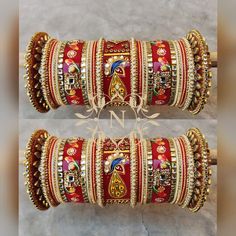 two different types of bangles with gold and red designs on them, one has a peacock