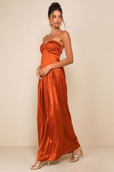 Rust Orange Dress - Strapless Maxi Dress - Maxi Satin Dress - Lulus Burnt Orange Dress Prom, Rust Orange Prom Dresses, Long Dresses Casual Fall, Orange Maxi Dress Wedding, Orange Strapless Prom Dress, Light Orange Satin Dress, Red And Orange Bridesmaid Dresses, Multi Color Bridesmaid Dresses Fall, Rust Dress Outfit Wedding