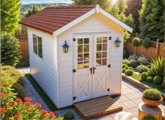 a small white shed sitting in the middle of a garden