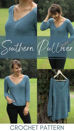 a woman wearing a blue sweater and black pants with the words southern pullover written on it