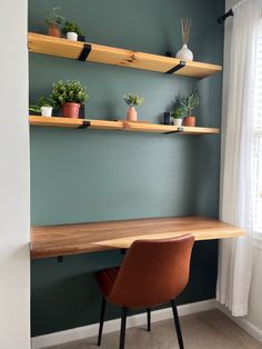 Reclaimed wood, work from home, bedroom office, home office, desk Shelves Over Desk Bedroom, Office Floating Shelves Above Desk, Work From Home Bedroom, Floating Shelves Above Desk, Wooden Planks On Wall, Shelf Above Desk, Reclaimed Wood Office Desk, Shelves Above Desk, Color Office