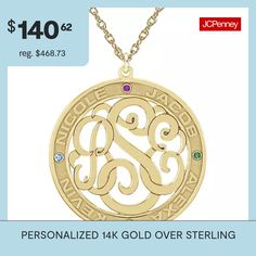 Celebrate family with this circle pendant featuring your monogram in the middle and names and birthstones of your loved ones around the edges. Initials will appear exactly as entered. Must be three letters, center initial will be enlarged. Made in America.Stones: Synthetic gemstonesPersonalize: Up to 3 script initials for the monogram in the middle; up to 4 names, 8 characters each with synthetic birthstones around the circleChoose up to four birthstones. Use letter key below to represent each … Customizable Round Birthstone Necklace For Anniversary, Customizable Gold Round Birthstone Necklace, Customizable Round Birthstone Necklace For Personalized Gift, Customizable Birthstone Necklace For Personalized Gift, Gold Round Birthstone Necklace For Personalized Gift, Gold Birthstone Necklace For Personalized Gift, Personalized 14k Gold Round Birthstone Necklace, Personalized Yellow Gold Round Birthstone Necklace, Personalized Round Yellow Gold Birthstone Necklace